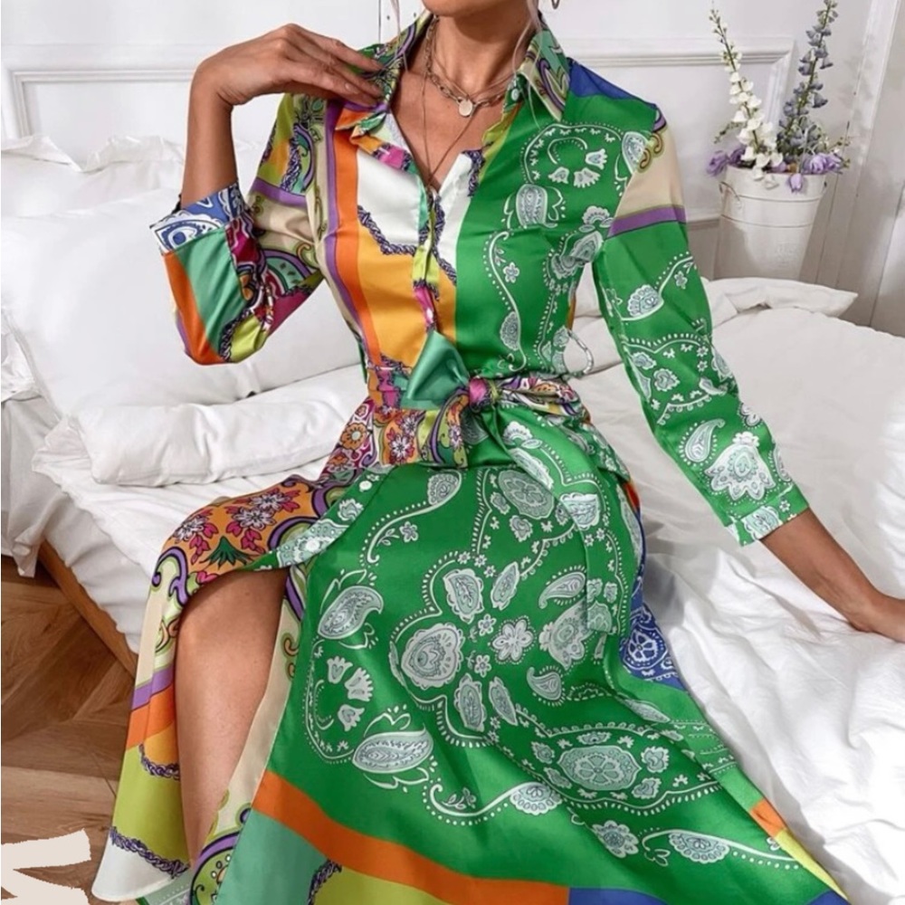 Color Block Paisley Print Belted Shirt Dress